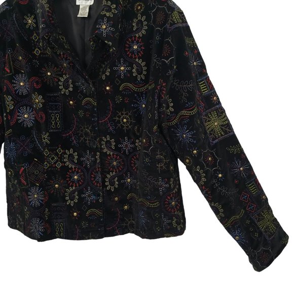 Chicos Black Velvet Embroidered Jacket Blazer 1 US M Boho Artsy Career Studded - Picture 12 of 16